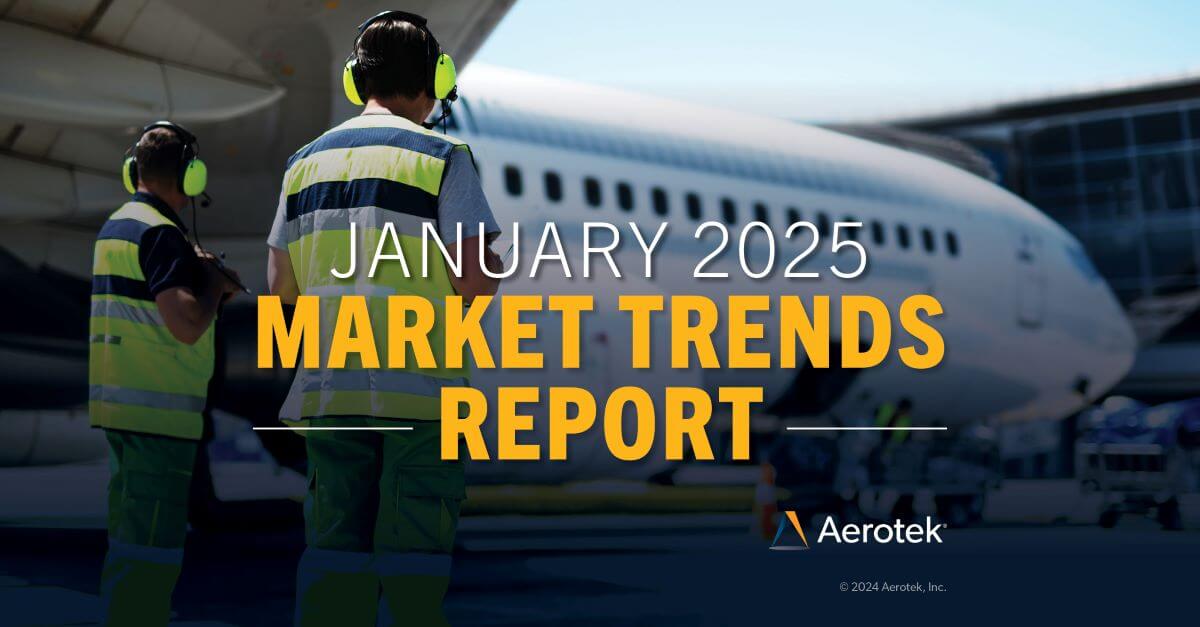 The caption "January 2025 Market Trends Report" overlays two aviation ramp agents with reflective vests facing a Boeing 737 airplane.